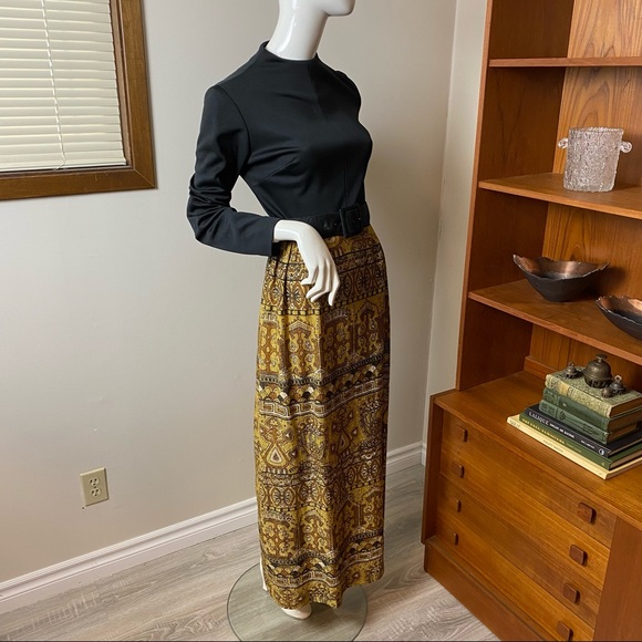 Vintage Mid Century Dress Full Length Gold Metallic Skirt